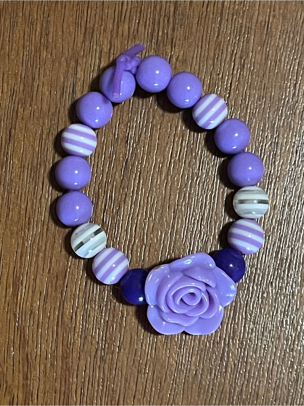 Bubblegum Bead Bracelet Girls Purple White Flower Elastic Cord approx 5”